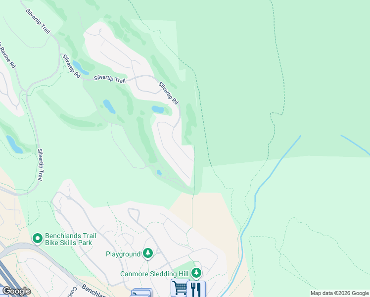 map of restaurants, bars, coffee shops, grocery stores, and more near 628 Silvertip Road in Canmore