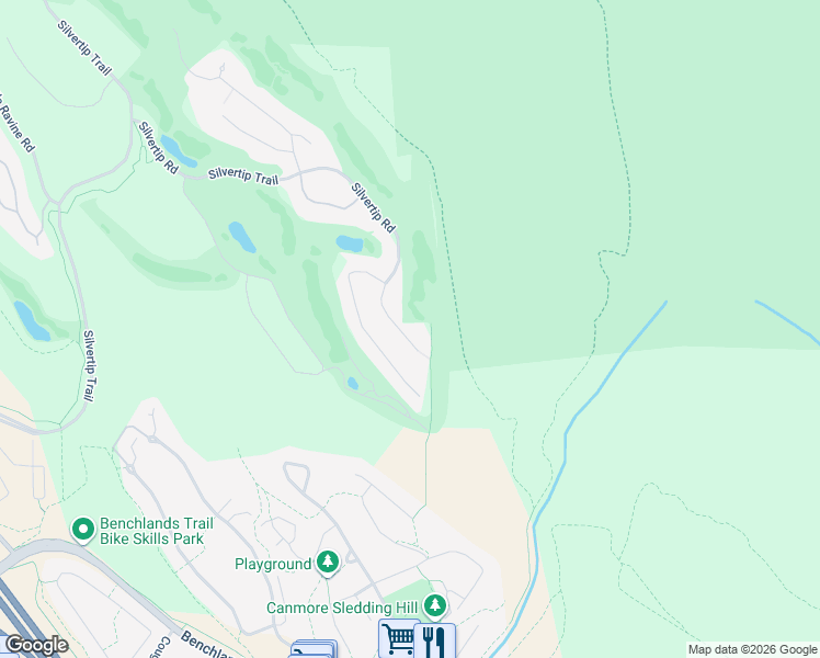map of restaurants, bars, coffee shops, grocery stores, and more near 628 Silvertip Road in Canmore