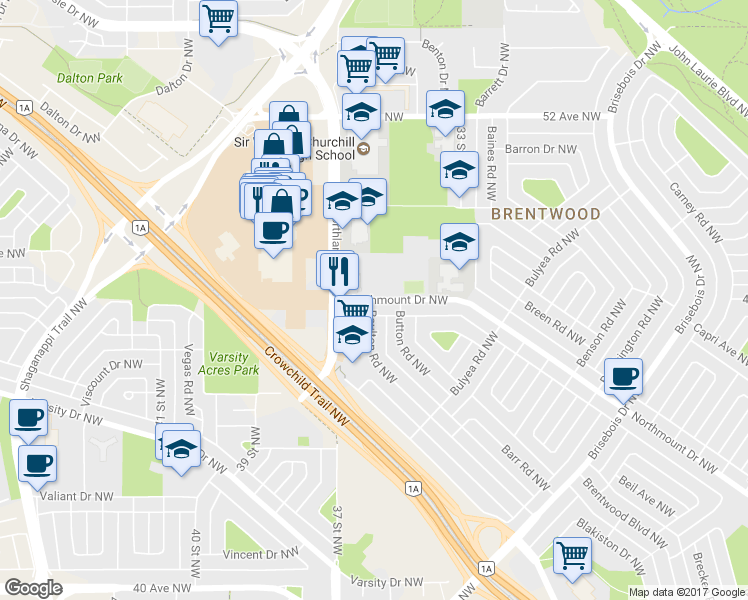 map of restaurants, bars, coffee shops, grocery stores, and more near 1529 Northmount Dr NW in Calgary
