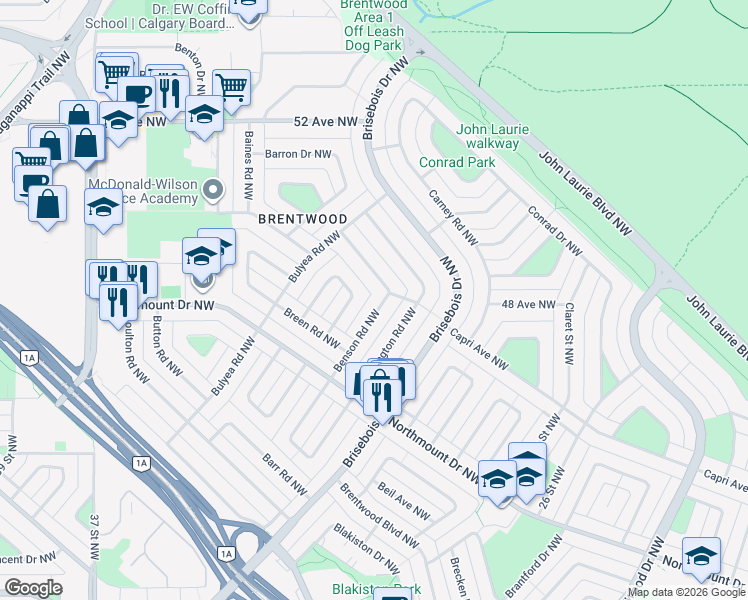 map of restaurants, bars, coffee shops, grocery stores, and more near 4823 Benson Road Northwest in Calgary