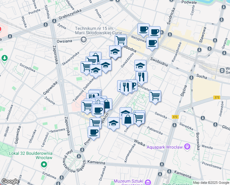 map of restaurants, bars, coffee shops, grocery stores, and more near 13 Powstańców Śląskich in Wrocław
