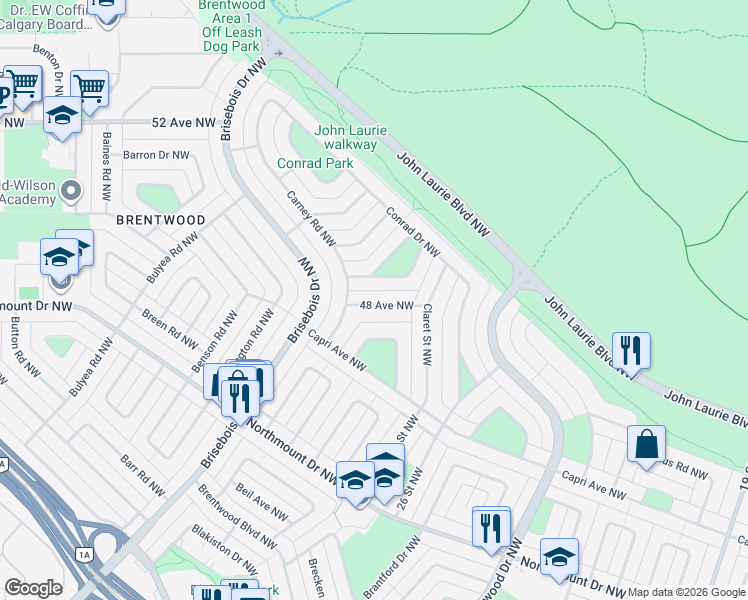 map of restaurants, bars, coffee shops, grocery stores, and more near 2736 48 Avenue Northwest in Calgary