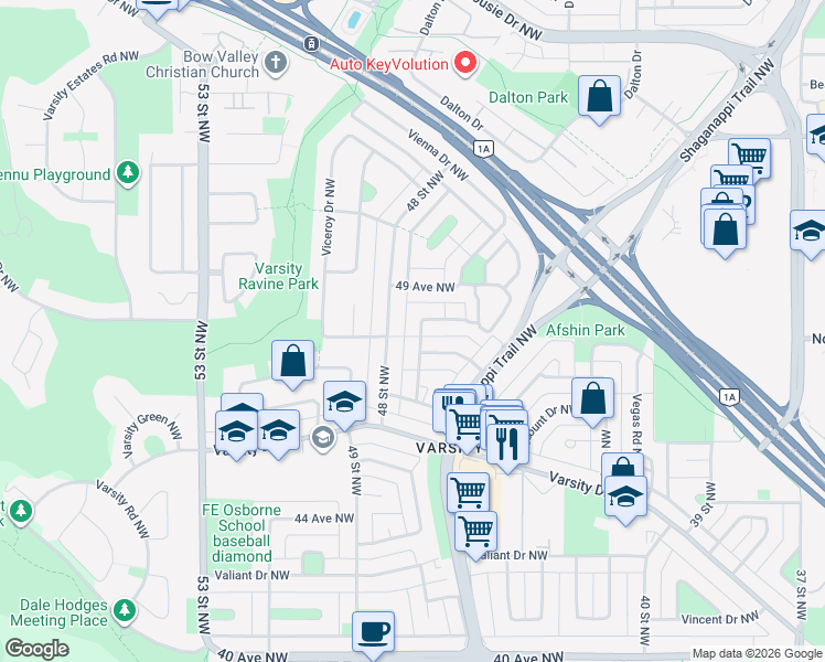map of restaurants, bars, coffee shops, grocery stores, and more near 4901 Vanguard Road Northwest in Calgary