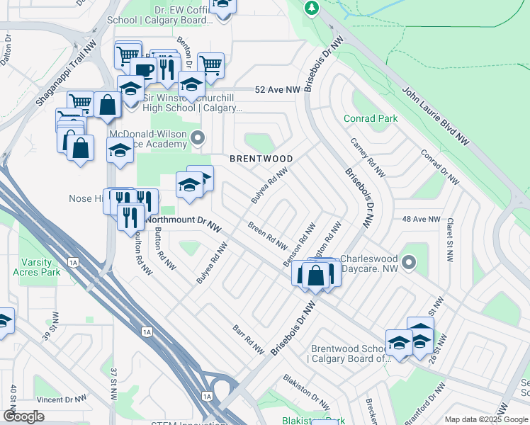 map of restaurants, bars, coffee shops, grocery stores, and more near 3244 Breen Crescent Northwest in Calgary