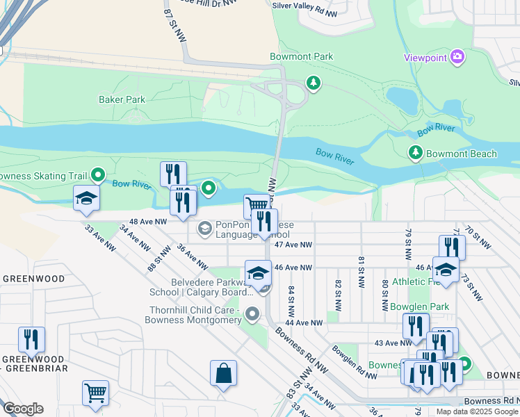 map of restaurants, bars, coffee shops, grocery stores, and more near 8604 48 Avenue Northwest in Calgary