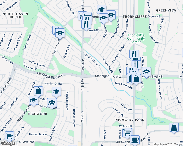 map of restaurants, bars, coffee shops, grocery stores, and more near 407 Thornhill Place Northwest in Calgary