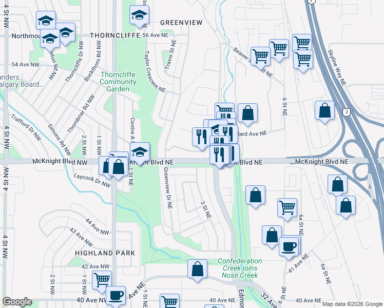map of restaurants, bars, coffee shops, grocery stores, and more near 335 Garry Crescent Northeast in Calgary