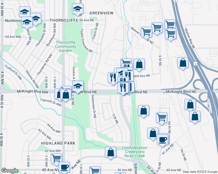 map of restaurants, bars, coffee shops, grocery stores, and more near 335 Garry Crescent Northeast in Calgary