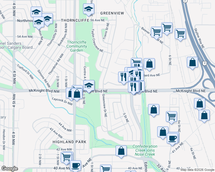 map of restaurants, bars, coffee shops, grocery stores, and more near 333 Garry Crescent Northeast in Calgary
