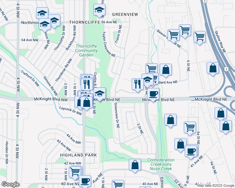 map of restaurants, bars, coffee shops, grocery stores, and more near 223 McKnight Boulevard Northeast in Calgary