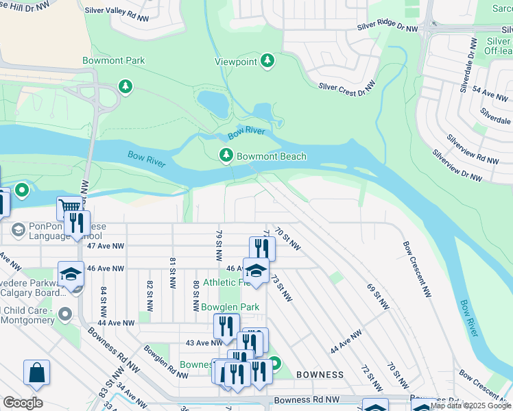 map of restaurants, bars, coffee shops, grocery stores, and more near 120 Bow Green Crescent Northwest in Calgary
