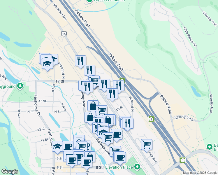 map of restaurants, bars, coffee shops, grocery stores, and more near in Canmore