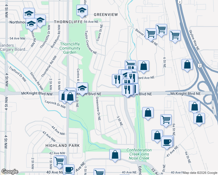 map of restaurants, bars, coffee shops, grocery stores, and more near 405 McKnight Boulevard Northeast in Calgary