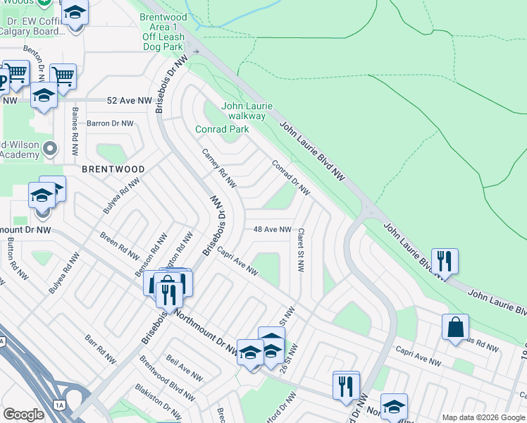 map of restaurants, bars, coffee shops, grocery stores, and more near 2727 48 Avenue Northwest in Calgary