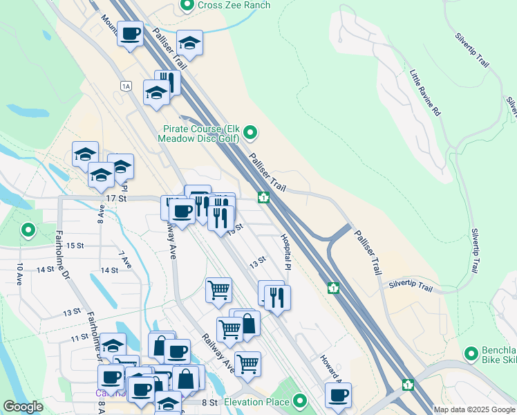 map of restaurants, bars, coffee shops, grocery stores, and more near 137 17 Street in Canmore