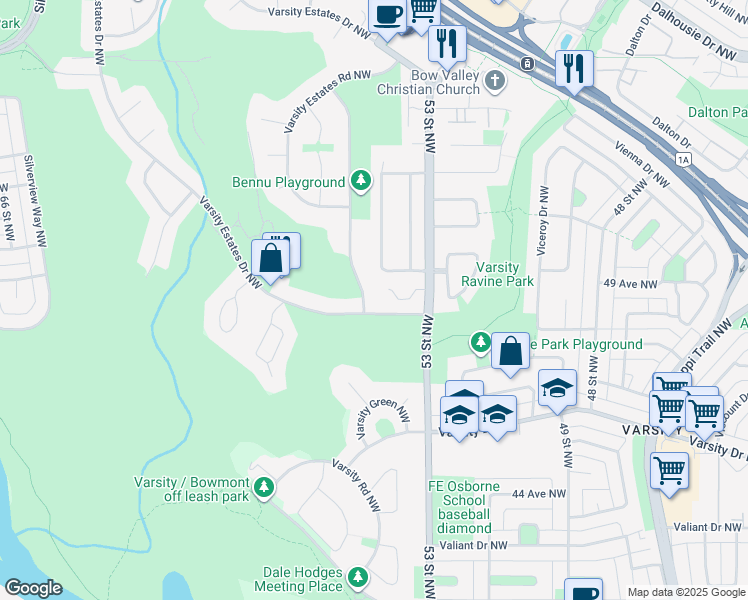 map of restaurants, bars, coffee shops, grocery stores, and more near 2200 Varsity Estates Drive Northwest in Calgary