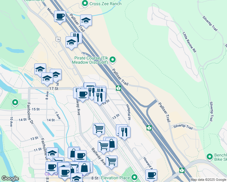 map of restaurants, bars, coffee shops, grocery stores, and more near 137 17 Street in Canmore