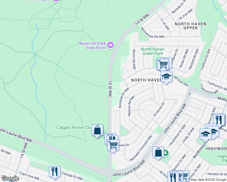 map of restaurants, bars, coffee shops, grocery stores, and more near 120 Norquay Heights Northwest in Calgary