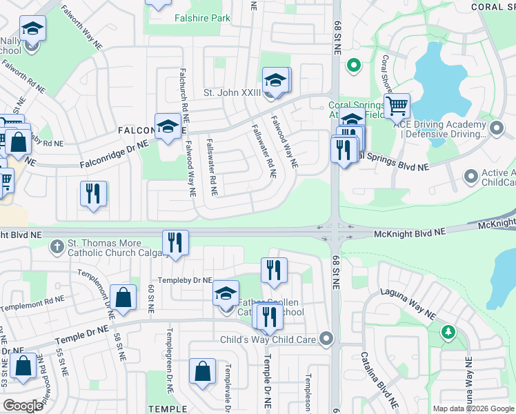 map of restaurants, bars, coffee shops, grocery stores, and more near 183 Falwood Way Northeast in Calgary