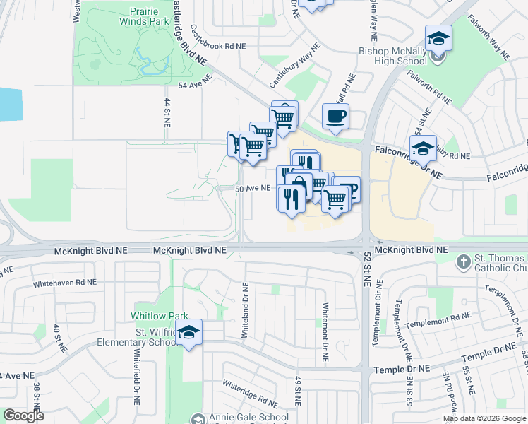 map of restaurants, bars, coffee shops, grocery stores, and more near 4950 47 Street Northeast in Calgary