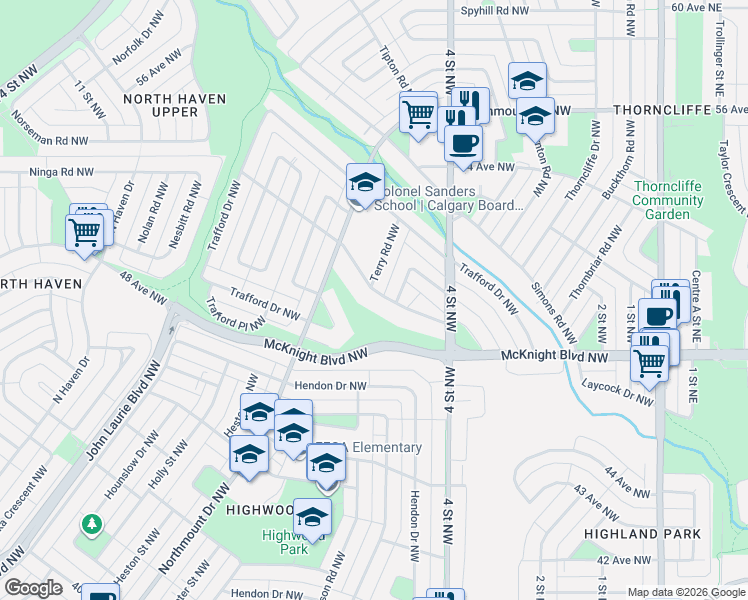 map of restaurants, bars, coffee shops, grocery stores, and more near 611 Thornhill Drive Northwest in Calgary