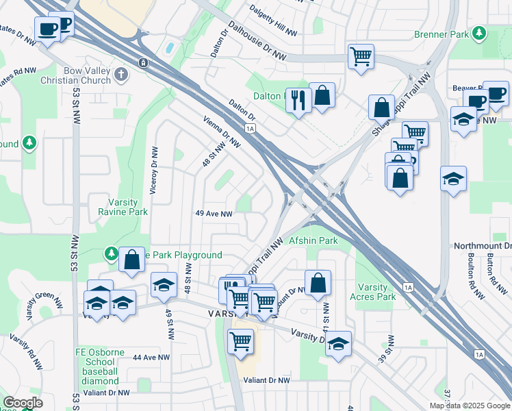 map of restaurants, bars, coffee shops, grocery stores, and more near 15 Vandoos Gardens Northwest in Calgary
