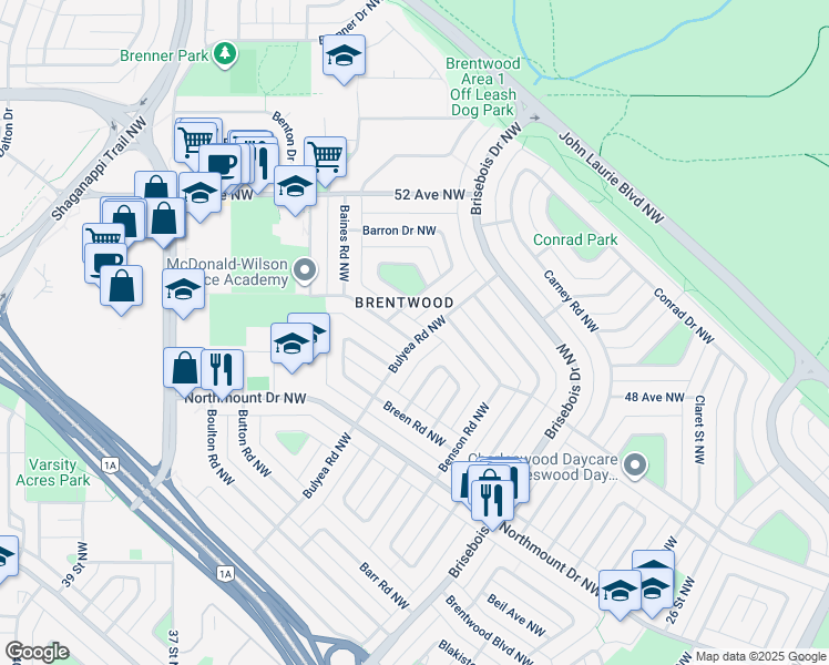 map of restaurants, bars, coffee shops, grocery stores, and more near 3204 Bearspaw Drive Northwest in Calgary