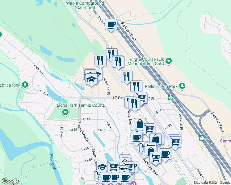 map of restaurants, bars, coffee shops, grocery stores, and more near 1 Industrial Place in Canmore