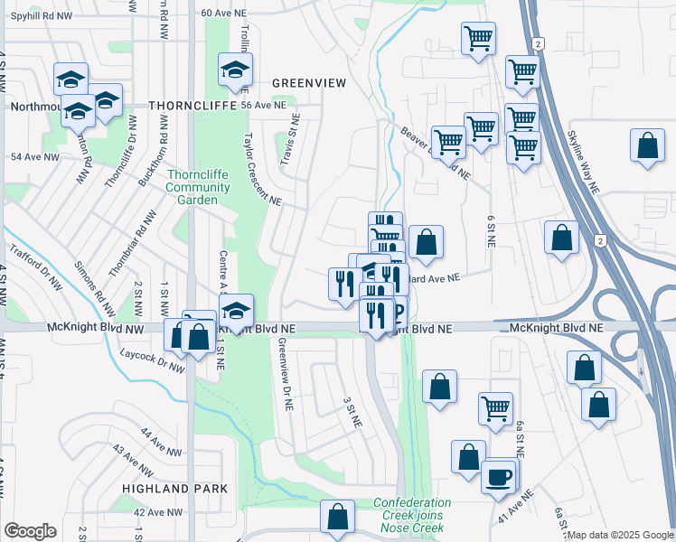map of restaurants, bars, coffee shops, grocery stores, and more near 400 Goddard Avenue Northeast in Calgary