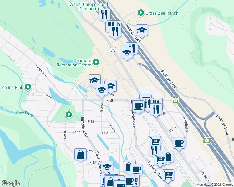 map of restaurants, bars, coffee shops, grocery stores, and more near 1 Industrial Place in Canmore