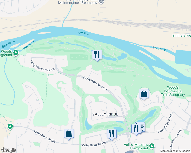 map of restaurants, bars, coffee shops, grocery stores, and more near 11526 Valley Ridge Boulevard Northwest in Calgary