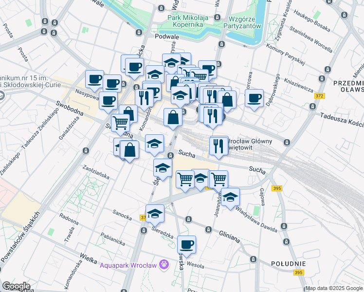 map of restaurants, bars, coffee shops, grocery stores, and more near 2 Borowska in Wrocław