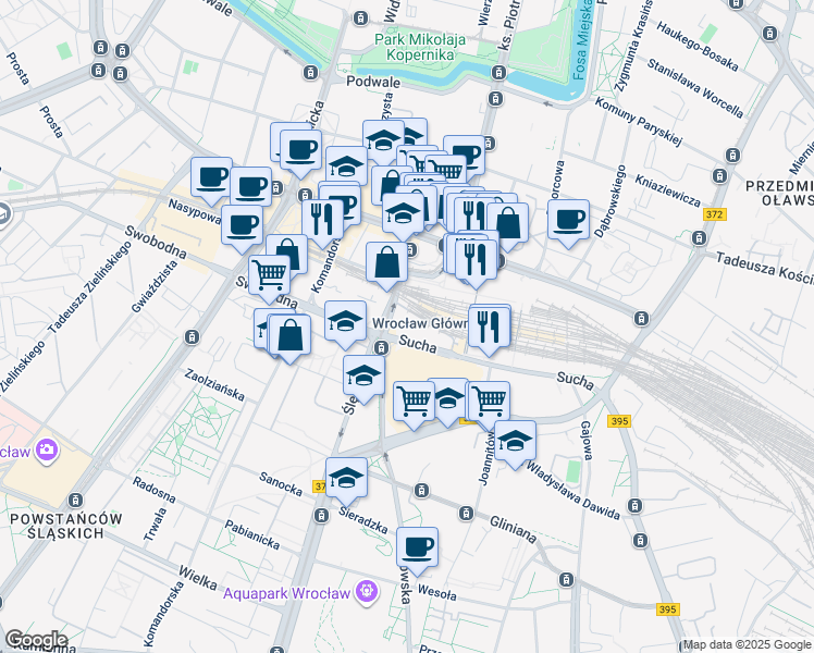 map of restaurants, bars, coffee shops, grocery stores, and more near 2 Borowska in Wrocław