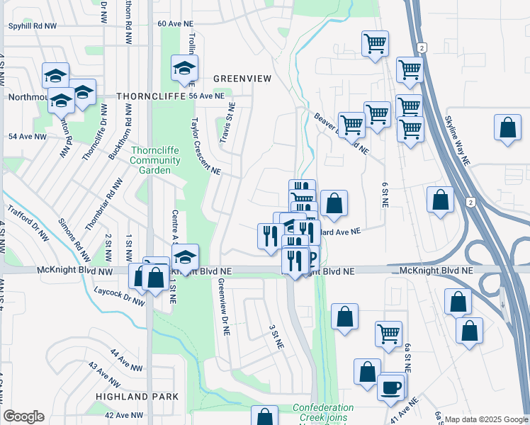 map of restaurants, bars, coffee shops, grocery stores, and more near 401 Grier Avenue Northeast in Calgary