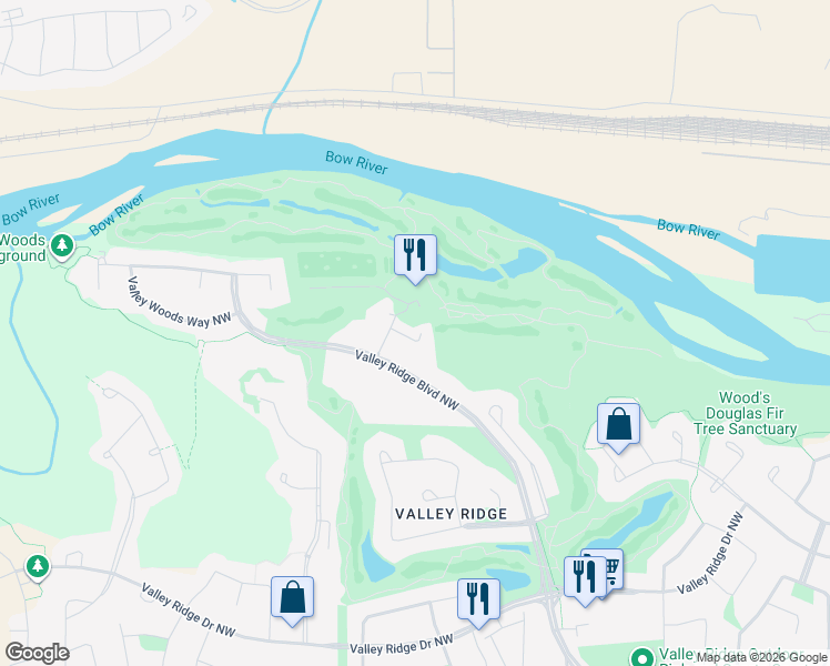 map of restaurants, bars, coffee shops, grocery stores, and more near 103 Valley Ridge Manor Northwest in Calgary