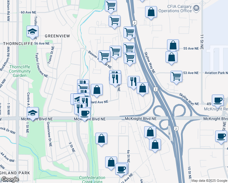 map of restaurants, bars, coffee shops, grocery stores, and more near in Calgary