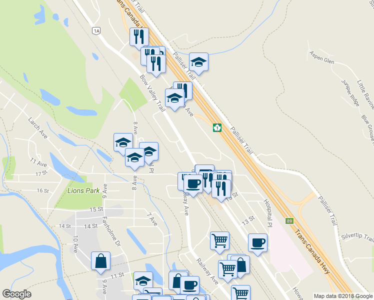 map of restaurants, bars, coffee shops, grocery stores, and more near 1709 Bow Valley Trail in Canmore