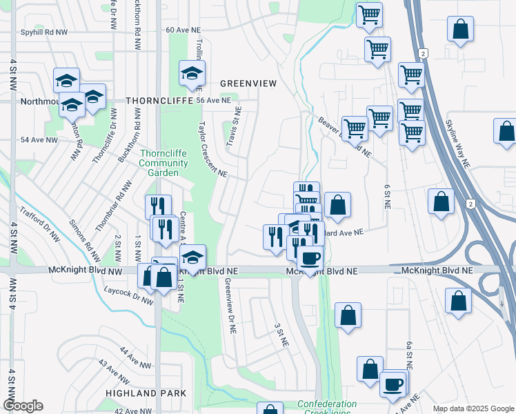 map of restaurants, bars, coffee shops, grocery stores, and more near 5223 Trelle Drive Northeast in Calgary