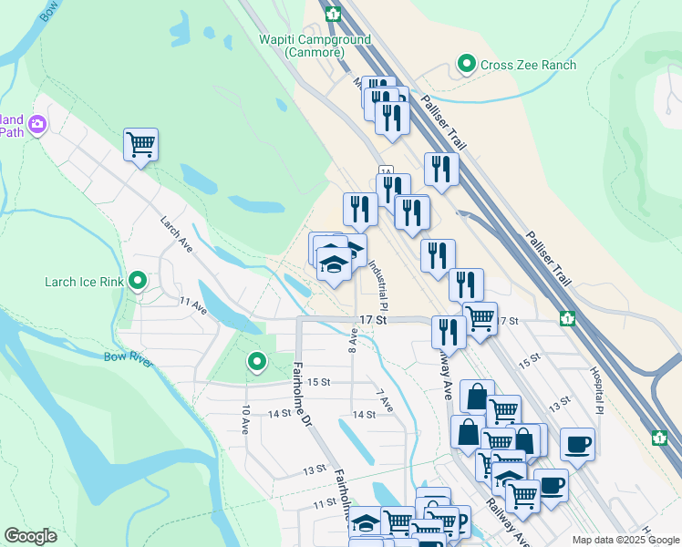 map of restaurants, bars, coffee shops, grocery stores, and more near 1800 8 Avenue in Canmore