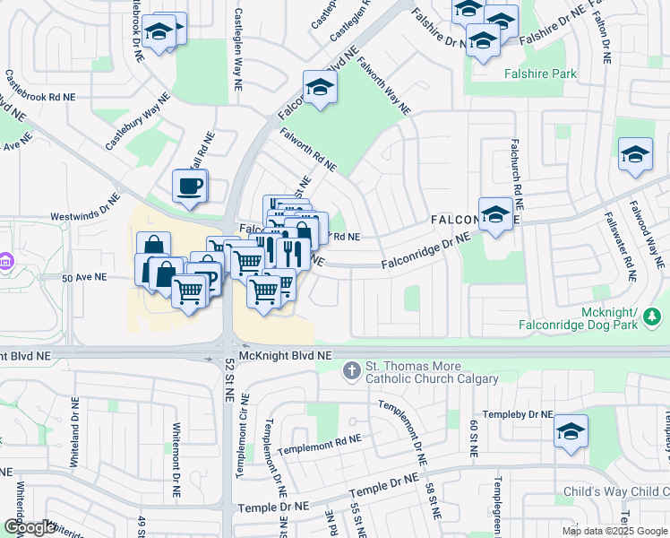 map of restaurants, bars, coffee shops, grocery stores, and more near 1144 Falworth Way Northeast in Calgary