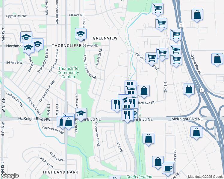 map of restaurants, bars, coffee shops, grocery stores, and more near 420 Grier Avenue Northeast in Calgary