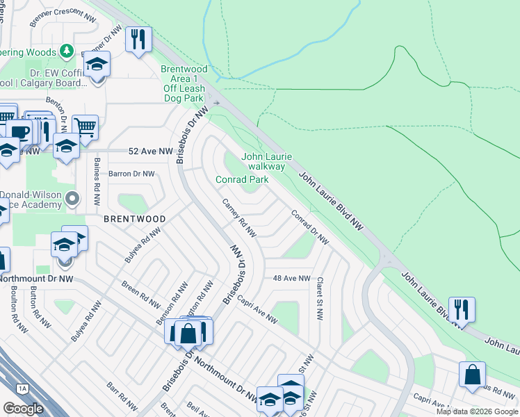 map of restaurants, bars, coffee shops, grocery stores, and more near 2716 Crawford Road Northwest in Calgary
