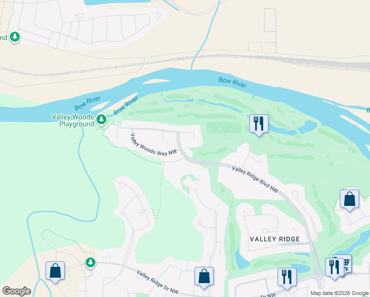 map of restaurants, bars, coffee shops, grocery stores, and more near 11740 Valley Ridge Boulevard Northwest in Calgary