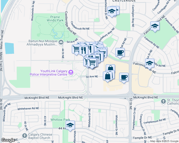 map of restaurants, bars, coffee shops, grocery stores, and more near 5120 47 Street Northeast in Calgary