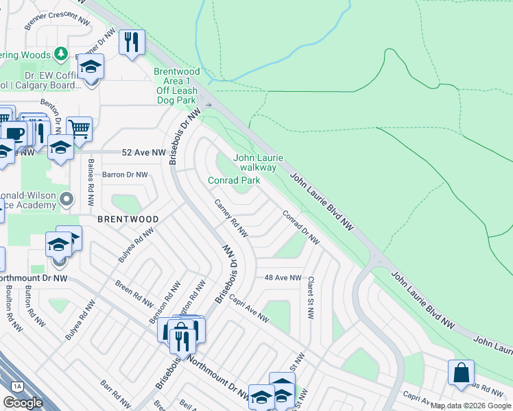 map of restaurants, bars, coffee shops, grocery stores, and more near 2716 Crawford Road Northwest in Calgary