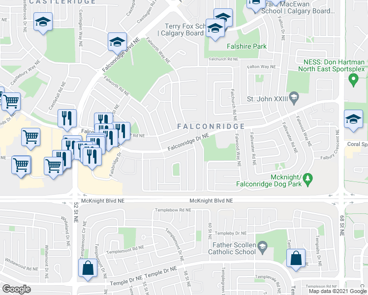 map of restaurants, bars, coffee shops, grocery stores, and more near 1235 Falconridge Drive Northeast in Calgary