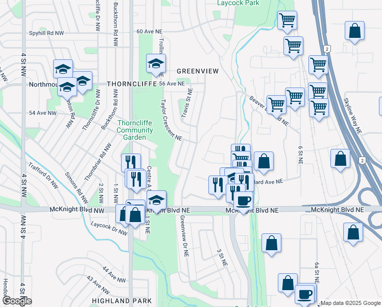 map of restaurants, bars, coffee shops, grocery stores, and more near 5223 Trelle Drive Northeast in Calgary