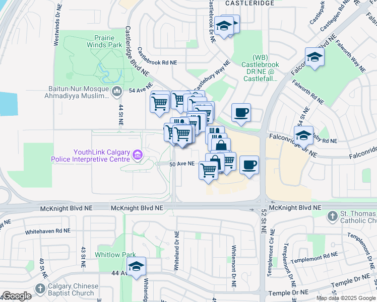map of restaurants, bars, coffee shops, grocery stores, and more near 77 Falsbridge Drive Northeast in Calgary
