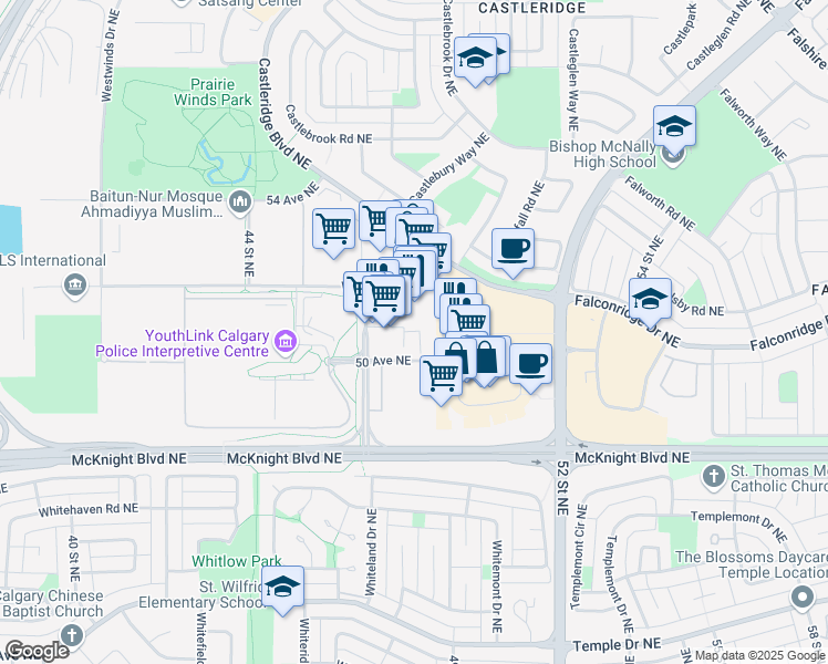 map of restaurants, bars, coffee shops, grocery stores, and more near 77 Falsbridge Drive Northeast in Calgary