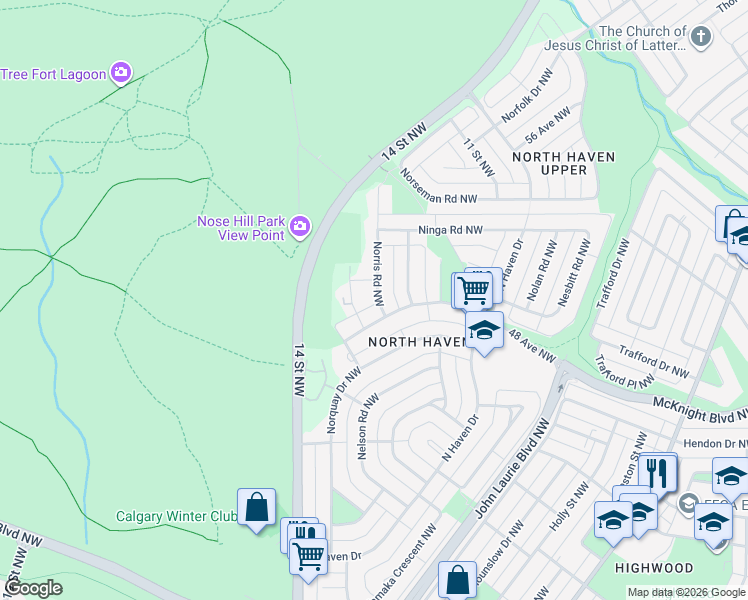 map of restaurants, bars, coffee shops, grocery stores, and more near 5007 Norris Road Northwest in Calgary